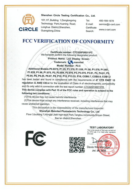 Κίνα Shenzhen Mannled Photoelectric Technology Co., Ltd Πιστοποιήσεις
